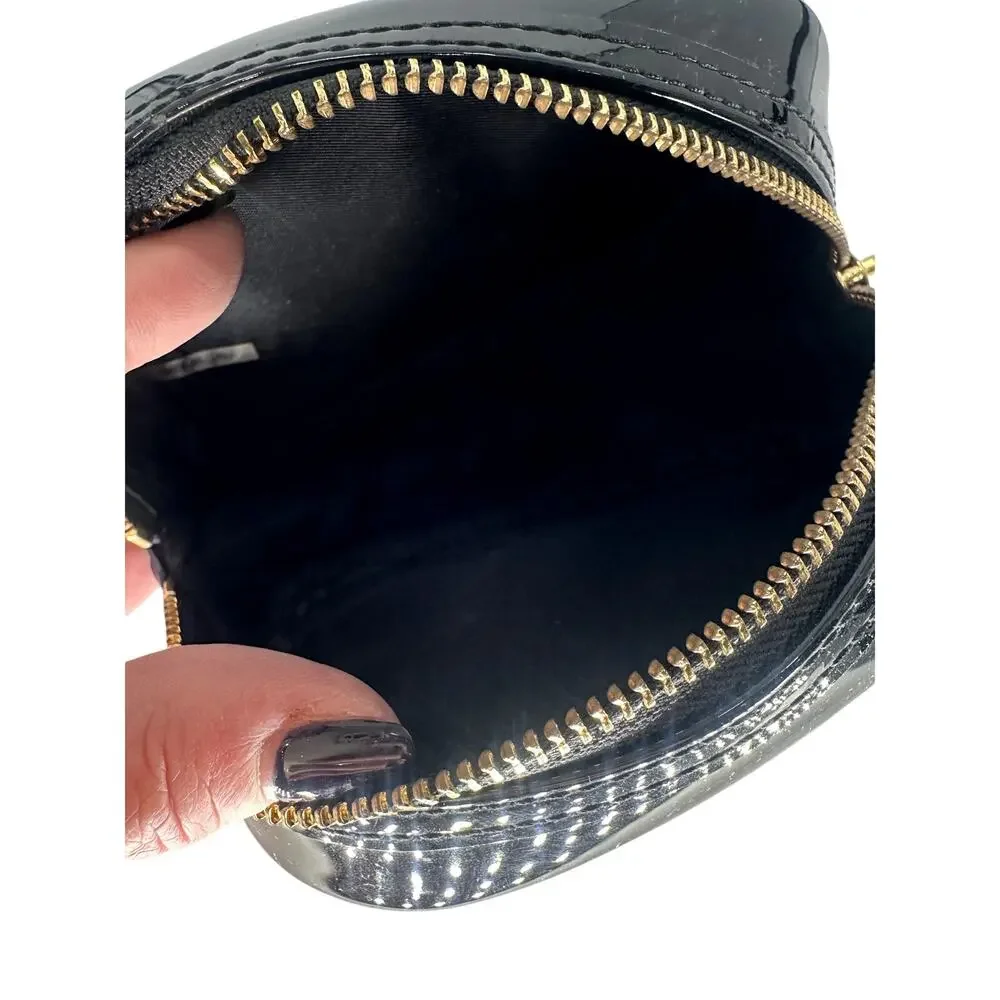Tory Burch Black Patent Leather Embossed Logo Top Zip Cosmetic Case Pouch Bag OS